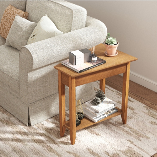 Narrow 2-Tier Side Table with Wedge Design, Shelf, and Wooden Legs