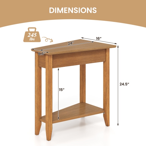 Narrow 2-Tier Side Table with Wedge Design, Shelf, and Wooden Legs