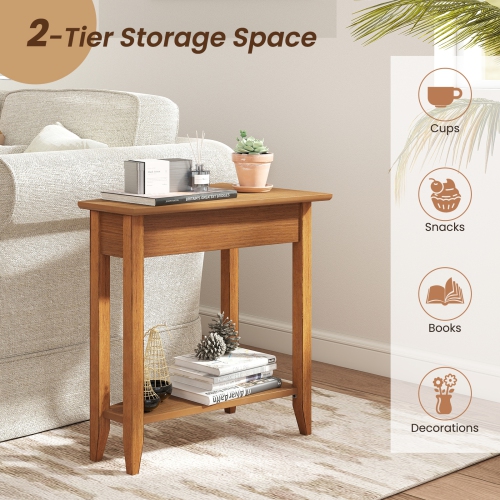 Narrow 2-Tier Side Table with Wedge Design, Shelf, and Wooden Legs