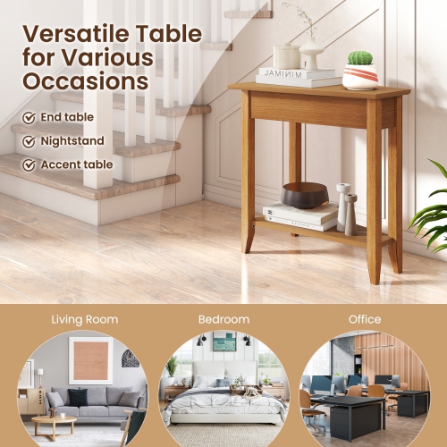 Narrow 2-Tier Side Table with Wedge Design, Shelf, and Wooden Legs