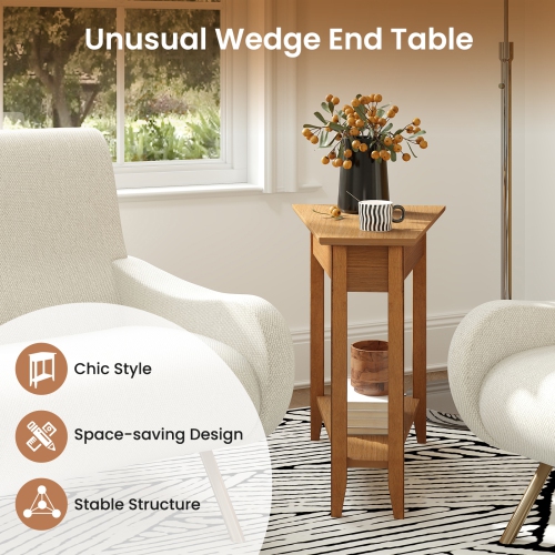 Narrow 2-Tier Side Table with Wedge Design, Shelf, and Wooden Legs