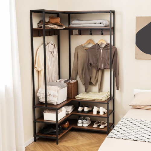 Support à vêtements en coin avec tablettes, crochets et rangement à chaussures pour la chambre ou l'entrée