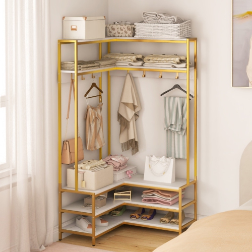 Corner Garment Rack with Shelves, Hooks, and Shoe Storage for Bedroom or Entryway