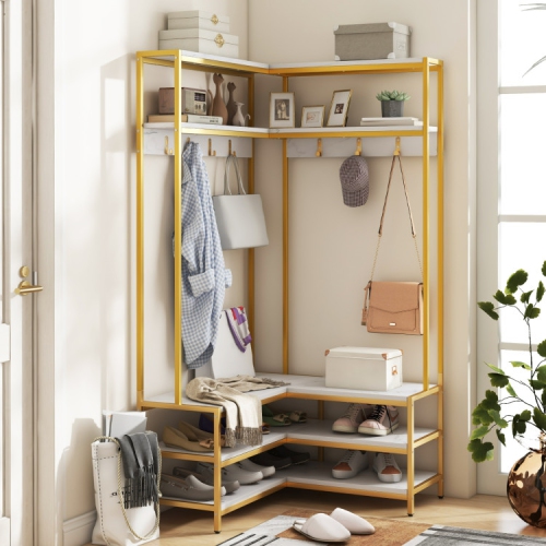 Corner Garment Rack with Shelves, Hooks, and Shoe Storage for Bedroom or Entryway