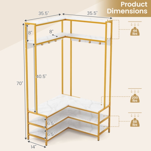 Corner Garment Rack with Shelves, Hooks, and Shoe Storage for Bedroom or Entryway