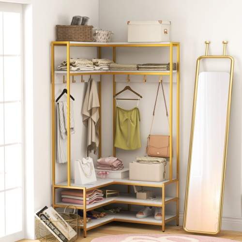 Corner Garment Rack with Shelves, Hooks, and Shoe Storage for Bedroom or Entryway