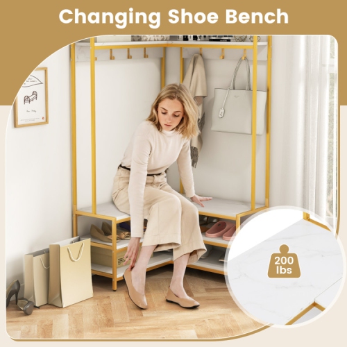 Corner Garment Rack with Shelves, Hooks, and Shoe Storage for Bedroom or Entryway