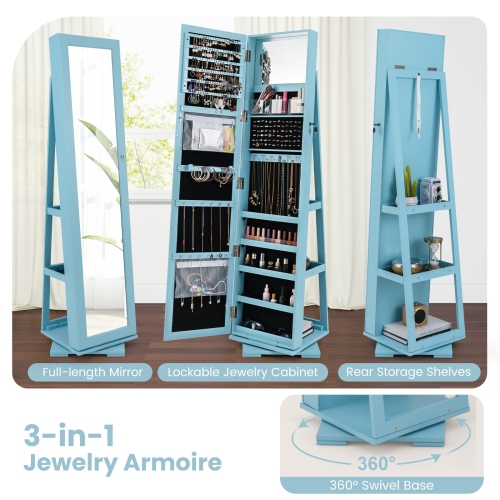 Armoire à bijoux 2-en-1 verrouillable avec rotation à 360° et miroir pleine longueur