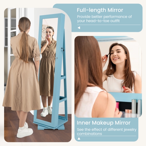 Armoire à bijoux 2-en-1 verrouillable avec rotation à 360° et miroir pleine longueur