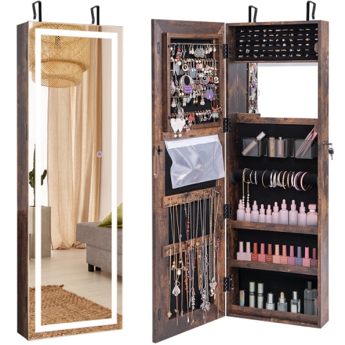 Mirrored Jewelry Storage Cabinet with Full-Length Mirror and LED Lights