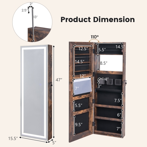 Mirrored Jewelry Storage Cabinet with Full-Length Mirror and LED Lights