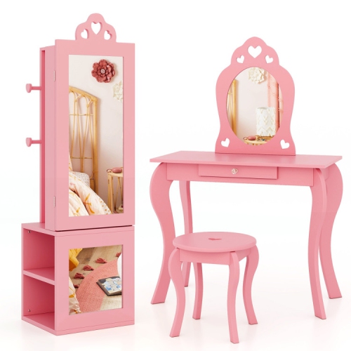 3-in-1 Freestanding Kids Jewelry Armoire Cabinet with Full-Length Mirror