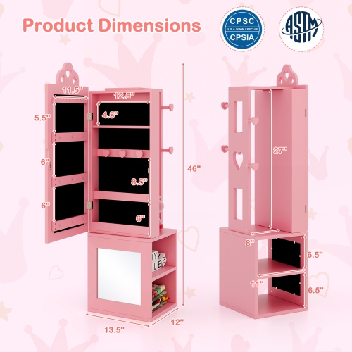 3-in-1 Freestanding Kids Jewelry Armoire Cabinet with Full-Length Mirror