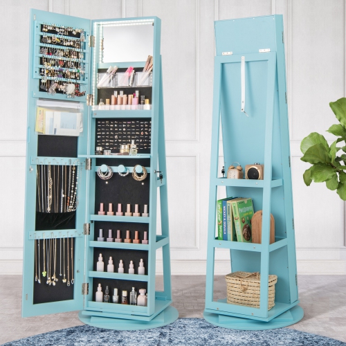 Rotating Jewelry Cabinet with Mirror, Lockable Design, and 3 LED Modes