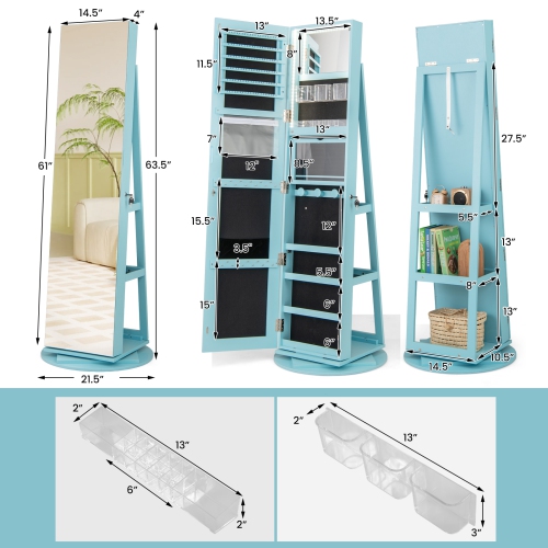 Rotating Jewelry Cabinet with Mirror, Lockable Design, and 3 LED Modes