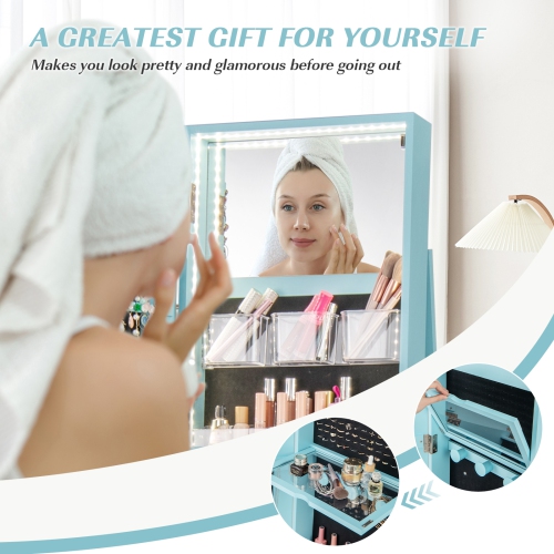 Rotating Jewelry Cabinet with Mirror, Lockable Design, and 3 LED Modes