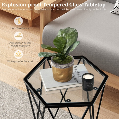 Hexagon Accent End Table with Tempered Glass Top and Sturdy Metal Frame