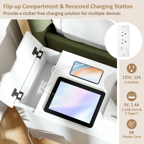 Flip-Top End Table with USB Charging Ports, Outlets, and Storage Drawer