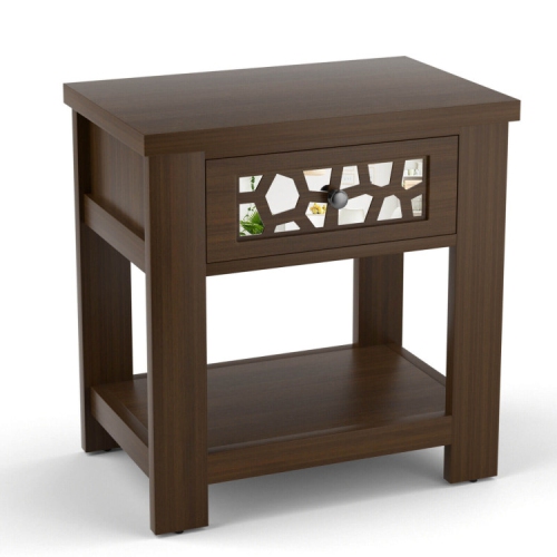 Retro Wooden End Table with Mirrored Glass Drawer and Shelf Storage