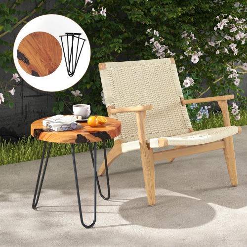 Outdoor Round End Table with Rustic Teak Wood and Live Edge Design