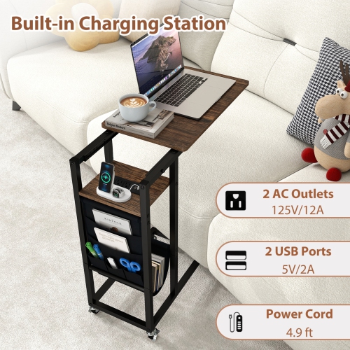 C-Shaped End Table with Charging Station and Retractable Top for Living Room