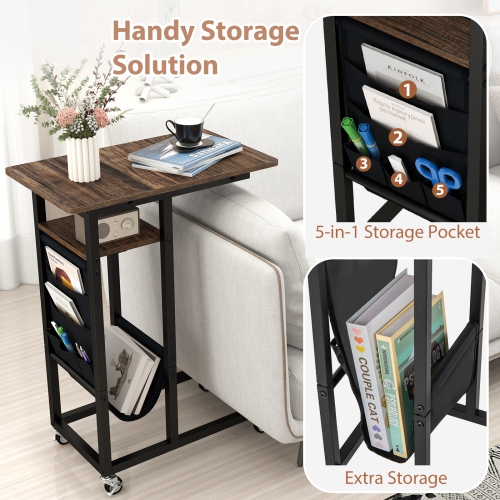 C-Shaped End Table with Charging Station and Retractable Top for Living Room