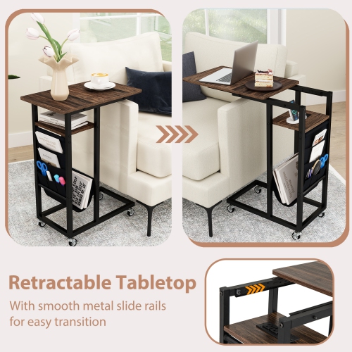C-Shaped End Table with Charging Station and Retractable Top for Living Room