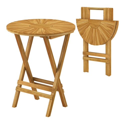 Patio Folding Side Table with Teak Wood Round Top and X-Shaped Frame Design