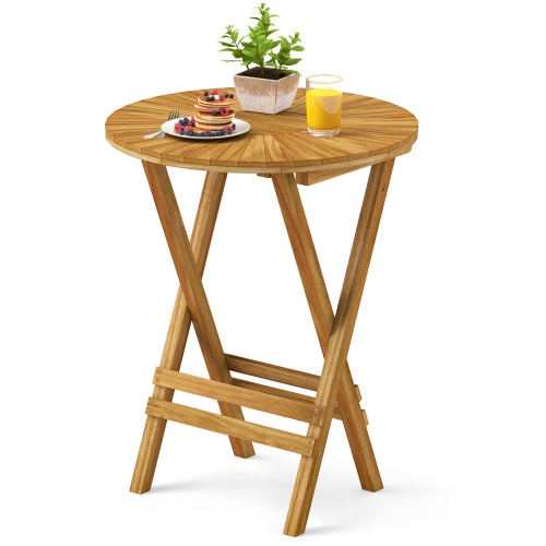 Patio Folding Side Table with Teak Wood Round Top and X-Shaped Frame Design