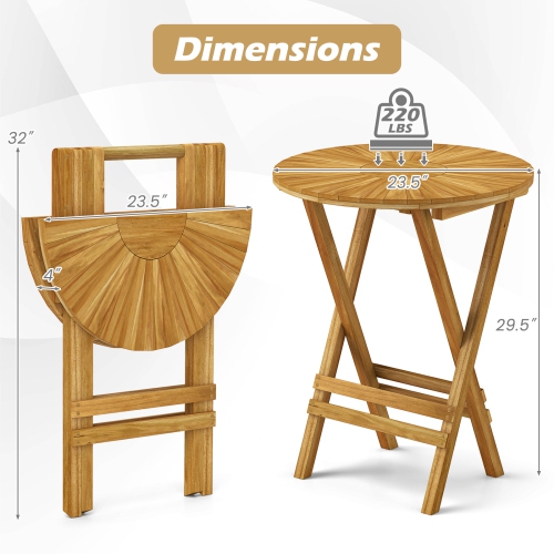 Patio Folding Side Table with Teak Wood Round Top and X-Shaped Frame Design