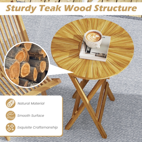 Patio Folding Side Table with Teak Wood Round Top and X-Shaped Frame Design