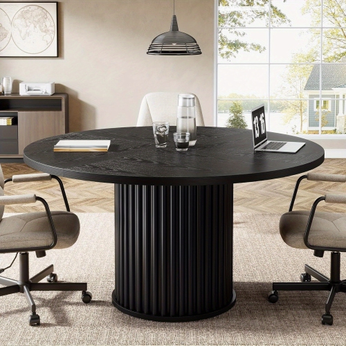 Lantine 47-Inch Round Home Office Desk, Black Desk for Small Spaces, Sturdy Metal Base, Ideal for Study & Work Nooks, Black