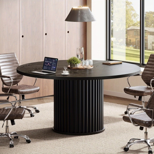 Lantine 47-Inch Round Home Office Desk, Black Desk for Small Spaces, Sturdy Metal Base, Ideal for Study & Work Nooks, Black