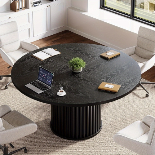 Lantine 47-Inch Round Home Office Desk, Black Desk for Small Spaces, Sturdy Metal Base, Ideal for Study & Work Nooks, Black