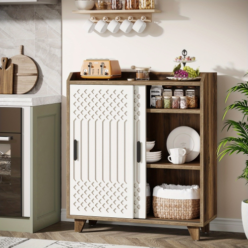 LANTINE  Modern Farmhouse Kitchen Sideboard Buffet Cabinet w Storage, Sliding Doors, Adjustable Shelves, Geometric Pattern Door Panel Design