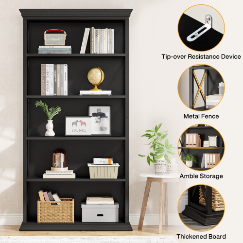 Lantine Multi-Tier Bookcase, Modern Bookshelves And Bookcases, Floor Standing 5 Shelf Display Storage Shelves Tall Bookcase For Home Office, Living