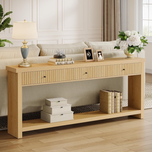 Lantine – Table console 70.9&nbsp;po avec 3 tiroirs, très longue table d'entrée, table de canapé en bois, mobilier en chêne avec tablettes de