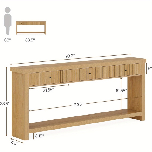 Lantine – Table console 70.9 po avec 3 tiroirs, très longue table d'entrée, table de canapé en bois, mobilier en chêne avec tablettes de