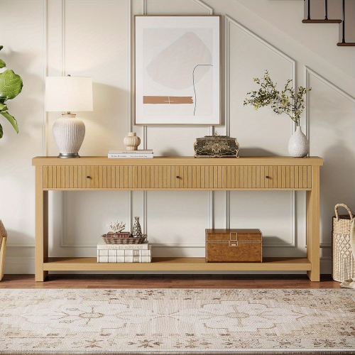 Lantine – Table console 70.9 po avec 3 tiroirs, très longue table d'entrée, table de canapé en bois, mobilier en chêne avec tablettes de