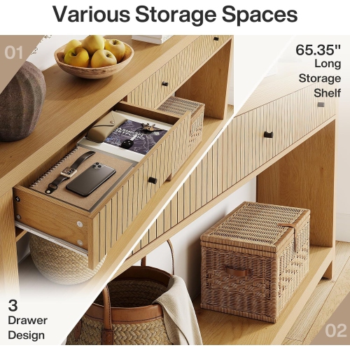 Lantine – Table console 70.9 po avec 3 tiroirs, très longue table d'entrée, table de canapé en bois, mobilier en chêne avec tablettes de