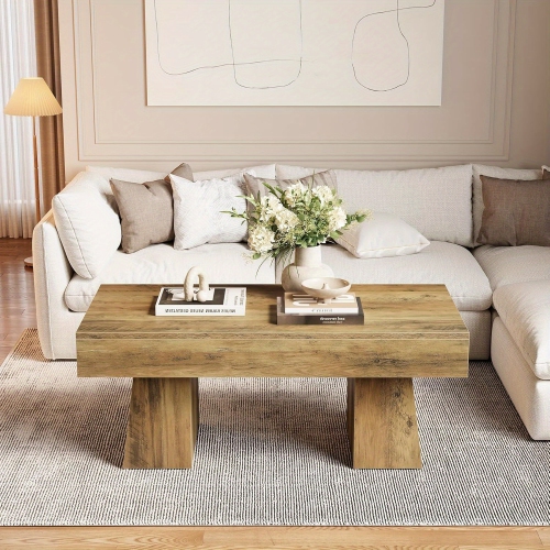 Lantine Farmhouse Coffee Table, 47 Inches Wooden Rectangular Accent Center Tables with Thick Base, Modern Low Cocktail Tea Furniture for Living Room