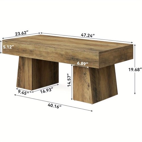 Lantine Farmhouse Coffee Table, 47 Inches Wooden Rectangular Accent Center Tables with Thick Base, Modern Low Cocktail Tea Furniture for Living Room