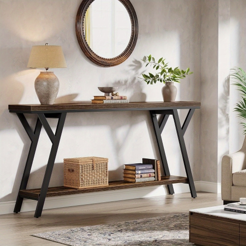 Lantine 70.9-Inch Narrow Long Entryway Console Table, Industrial Sofa Table Behind Couch with 2-Tier Storage Shelf for Hallway, Living Room,