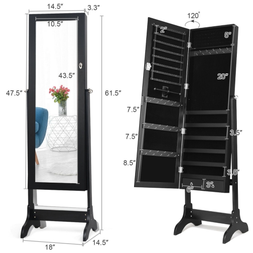 Lockable Mirrored Jewelry Armoire Cabinet Storage Organizer Box