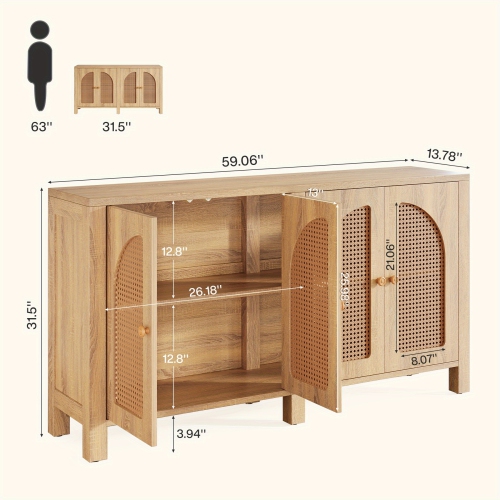 Lantine Sideboard Buffet Cabinet, Rattan Credenza Kitchen Storage Buffet Cabinet with 4 Doors, 59" Long Farmhouse Coffee Bar Station Table for Dining