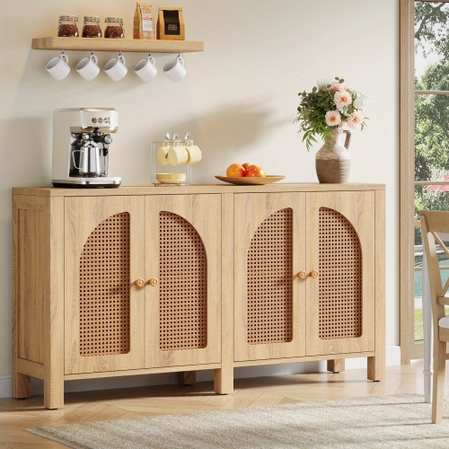 Lantine Sideboard Buffet Cabinet, Rattan Credenza Kitchen Storage Buffet Cabinet with 4 Doors, 59" Long Farmhouse Coffee Bar Station Table for Dining
