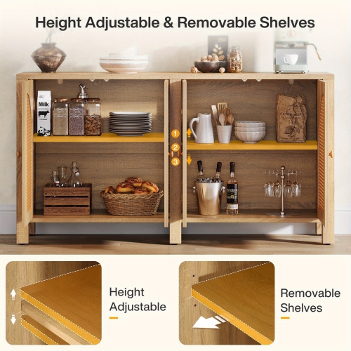 Lantine Sideboard Buffet Cabinet, Rattan Credenza Kitchen Storage Buffet Cabinet with 4 Doors, 59" Long Farmhouse Coffee Bar Station Table for Dining