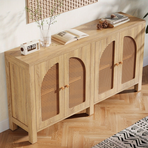 Lantine Sideboard Buffet Cabinet, Rattan Credenza Kitchen Storage Buffet Cabinet with 4 Doors, 59" Long Farmhouse Coffee Bar Station Table for Dining