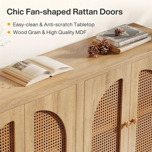 Lantine Sideboard Buffet Cabinet, Rattan Credenza Kitchen Storage Buffet Cabinet with 4 Doors, 59" Long Farmhouse Coffee Bar Station Table for Dining