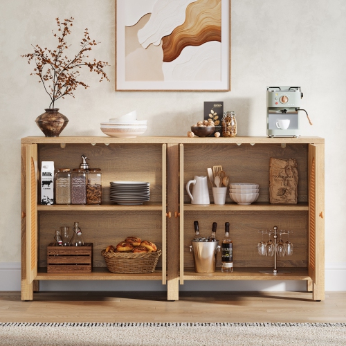Lantine Sideboard Buffet Cabinet, Rattan Credenza Kitchen Storage Buffet Cabinet with 4 Doors, 59" Long Farmhouse Coffee Bar Station Table for Dining